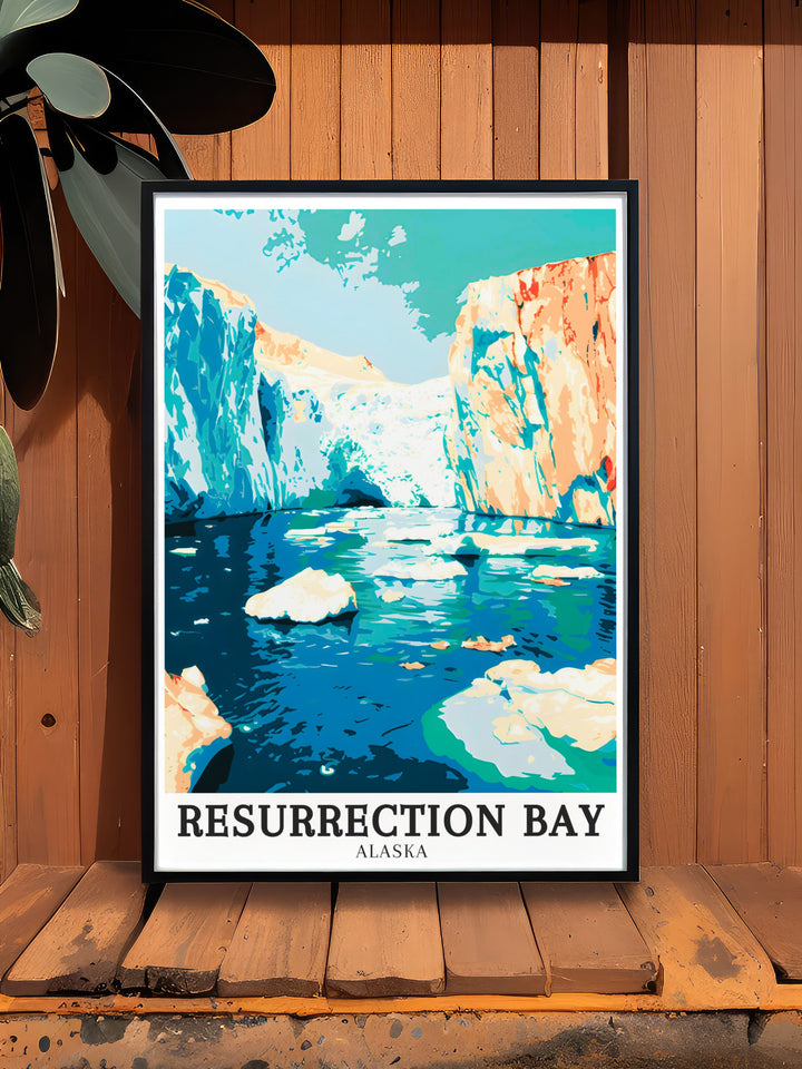 Featuring Resurrection Bay and Bear Glacier, this Alaska travel print is perfect for wall decor in any home or office. The detailed artwork captures the icy landscape of Bear Glacier Lagoon, offering a stunning reminder of Alaskas rugged wilderness.