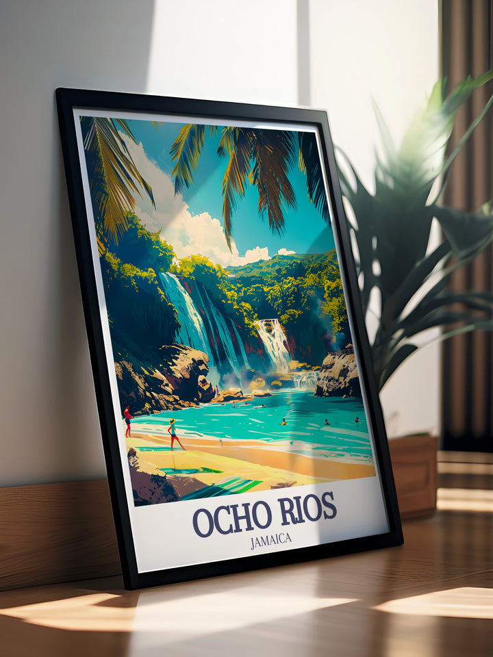 Explore the natural beauty of Ocho Rios with this vibrant poster print, showcasing the iconic Dunns River Falls and the serene beaches of this Jamaican paradise. This travel print captures the essence of Ocho Rios, making it a perfect addition to any room with its detailed imagery and rich colors.