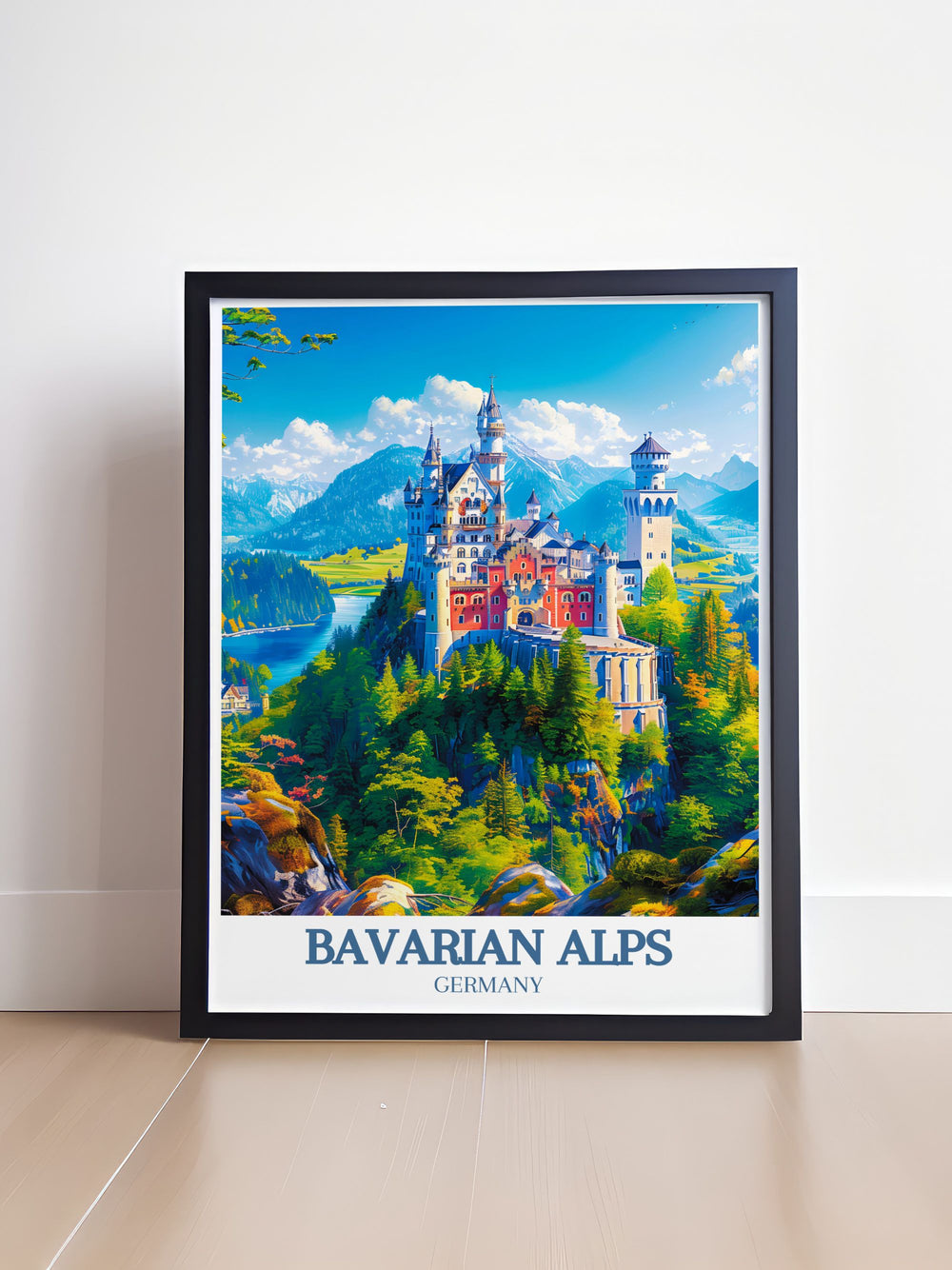 Beautiful print showcasing Neuschwanstein Castle and Alpsee Lake in the Bavarian Alps, highlighting the stunning architecture and tranquil nature. Ideal for travel art lovers and those who appreciate majestic landscapes.