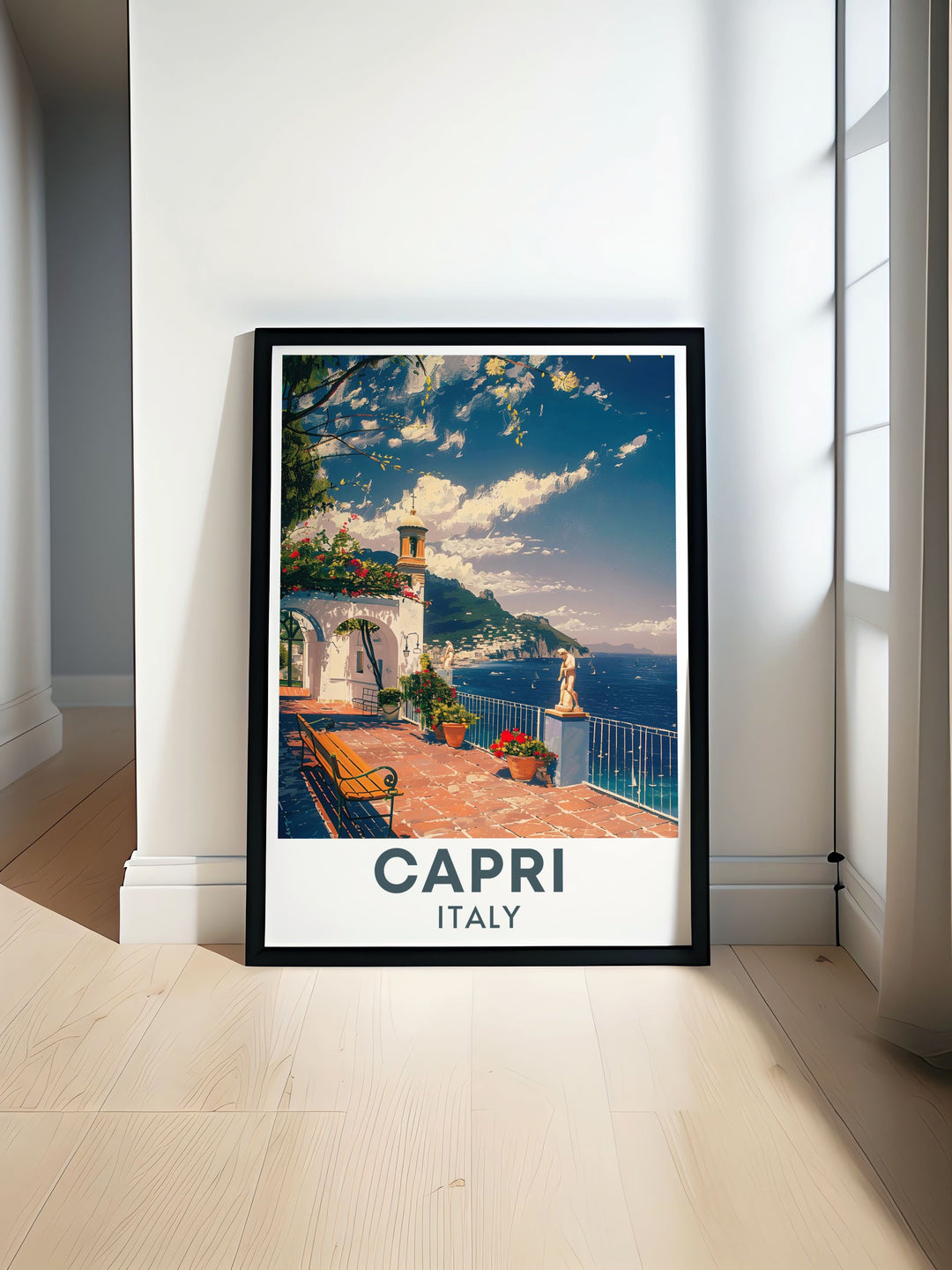 This travel poster beautifully depicts the elegance of Villa San Michele, with its stunning architecture and lush gardens, making it an ideal piece for history enthusiasts and collectors. Bring the beauty of Capri into your home with this exquisite print.
