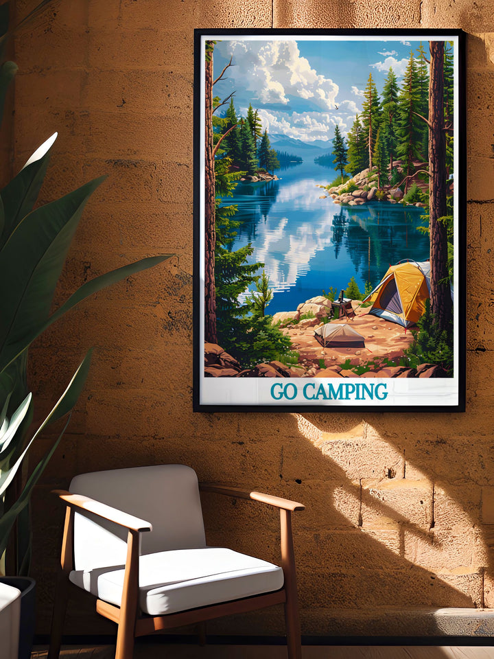 Gallery wall art featuring a camping scene by a tranquil river, showcasing the serenity and natural beauty of outdoor adventures, perfect for enhancing your living space.