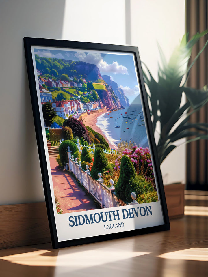 This vintage inspired poster of the Jurassic Coast captures the majestic and ancient beauty of Sidmouths coastline, offering a glimpse into one of Englands most picturesque seaside destinations.
