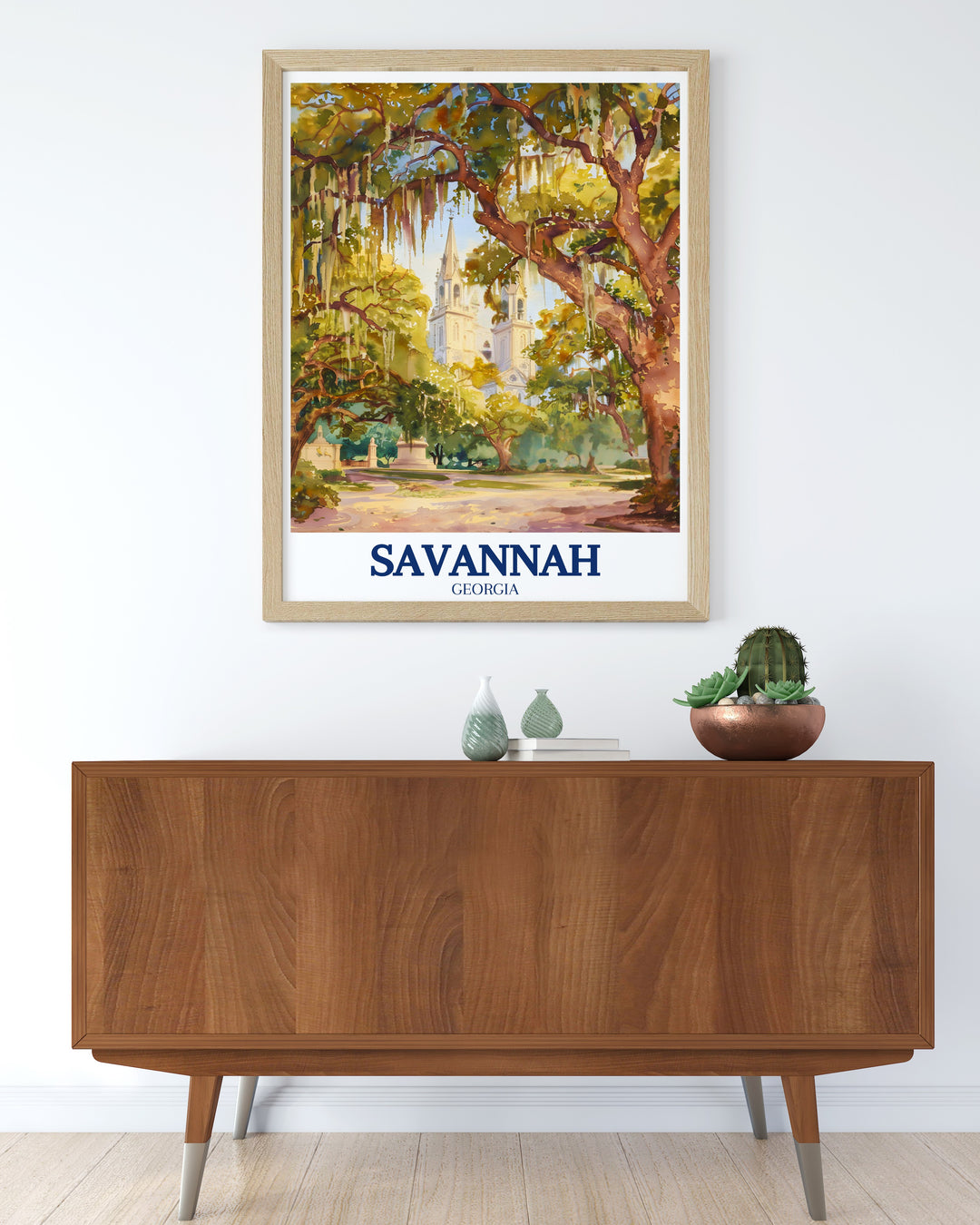 Captivating Savannah travel poster showcasing Forsyth Park and the Cathedral of St. John the Baptist perfect for wall decor bringing the historic charm and vibrant atmosphere of Savannah South Carolina into your home