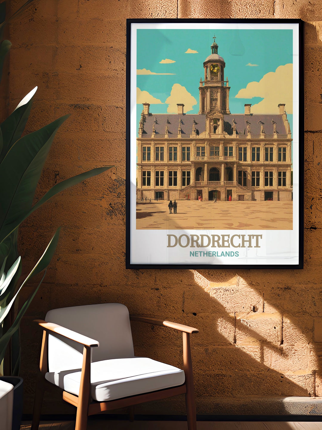 Netherlands travel art print showcasing the iconic City Hall of Dordrecht, capturing the essence of the citys historic charm. This wall art is perfect for anyone who has visited Dordrecht or dreams of exploring its rich cultural heritage.