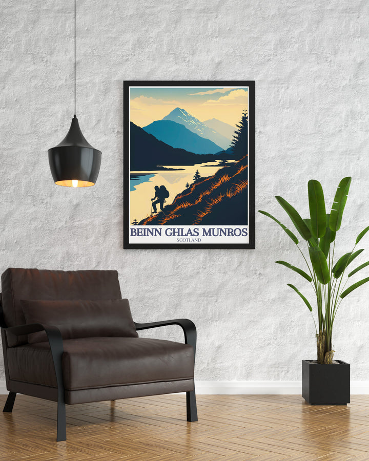 Beinn Ghlas Munro and Ben Lawers poster with Loch Tay capturing the stunning scenery of the Scottish Highlands. Ideal for nature enthusiasts and home decor.