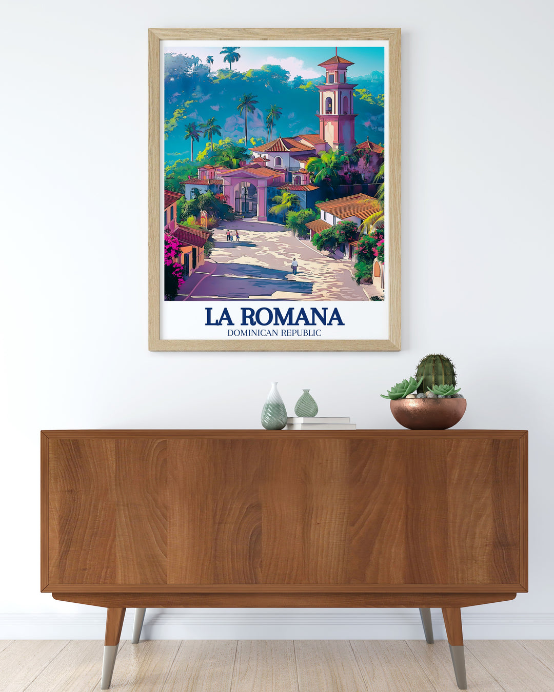 Framed art print of La Romanas Altos de Chavón, showcasing the serene Mediterranean village above the Chavón River. This vintage style poster is perfect for adding a touch of Caribbean beauty to any room.