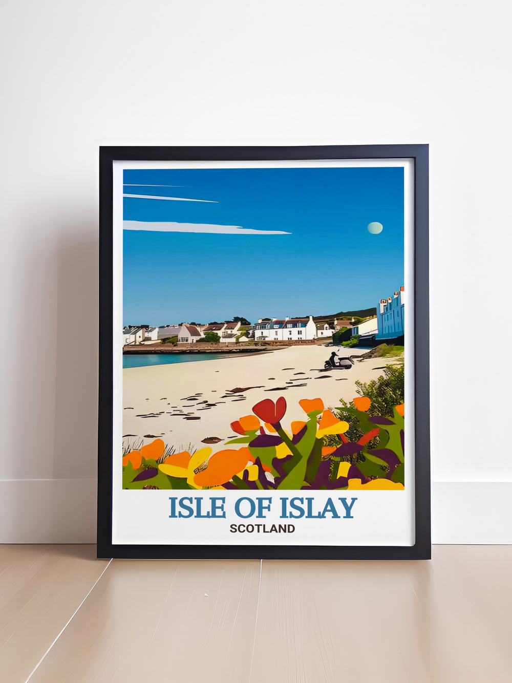 A travel poster of Port Ellen, Isle of Islay, showcasing the villages historic harbor and breathtaking coastal views. This artwork brings the serene beauty of Scotlands western coast into your home or office.