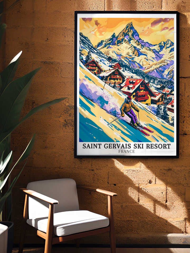 Evasion Mont Blanc ski area, a premier winter sports destination in France, featured in a retro style poster. This artwork brings the excitement and charm of skiing in the French Alps into your living space, ideal for anyone who cherishes the thrill of the slopes.