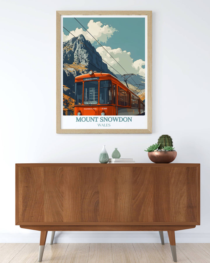 Snowdonia Print featuring the majestic Mount Snowdon and Snowdon Mountain Railway Station ideal for enhancing living spaces with modern art prints