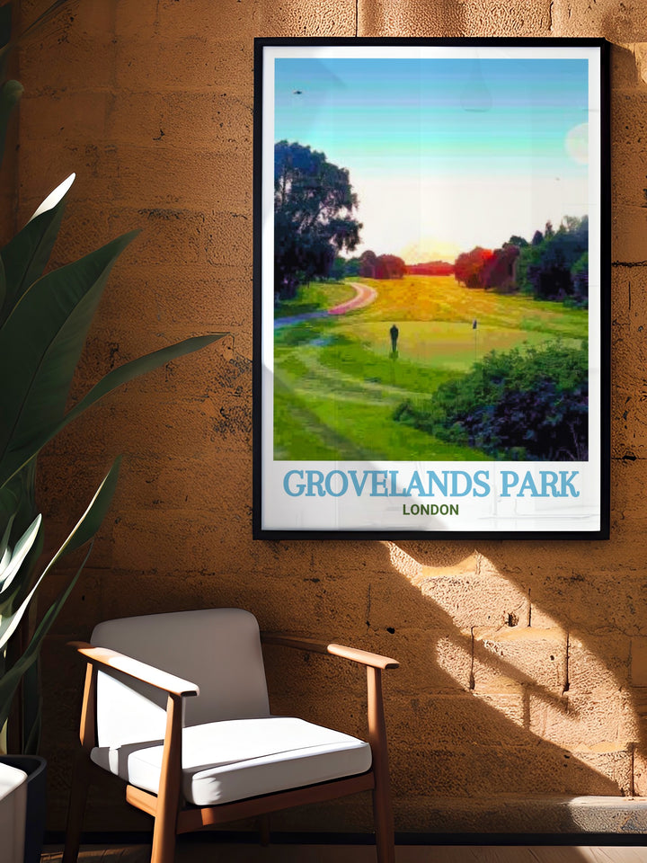 Discover the charm of Grovelands Park Golf Course with this elegant North London print. Paired with Broomfield Park this artwork adds a peaceful touch to your home decor and is ideal for lovers of Londons parks and green spaces.