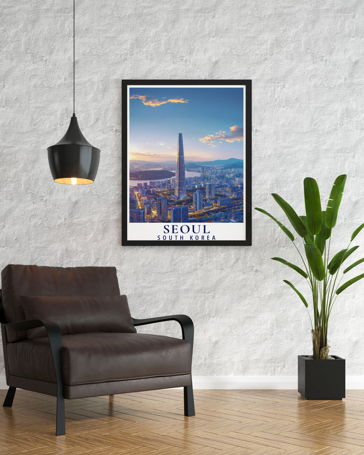 Featuring the intricate details of the Lotte World Tower and the dynamic cityscape of Seoul, this travel poster is perfect for those who love to explore diverse cultures and appreciate the beauty of iconic landmarks.