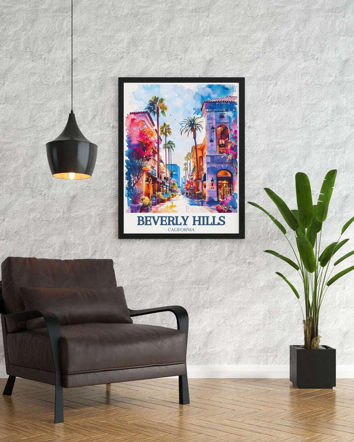 Elegant California wall art depicting Rodeo Drive and Three Rodeo Drive, showcasing Beverly Hills glamorous and architectural beauty. Perfect for adding sophistication and a touch of luxury to any room.