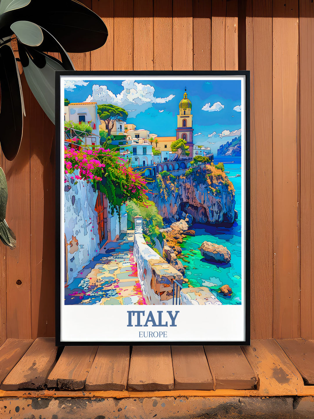 Highlighting the Amalfi Coasts serene waters and the Campanile Bell Towers Gothic architecture, this poster is a perfect addition to any home decor, celebrating Italys timeless allure.