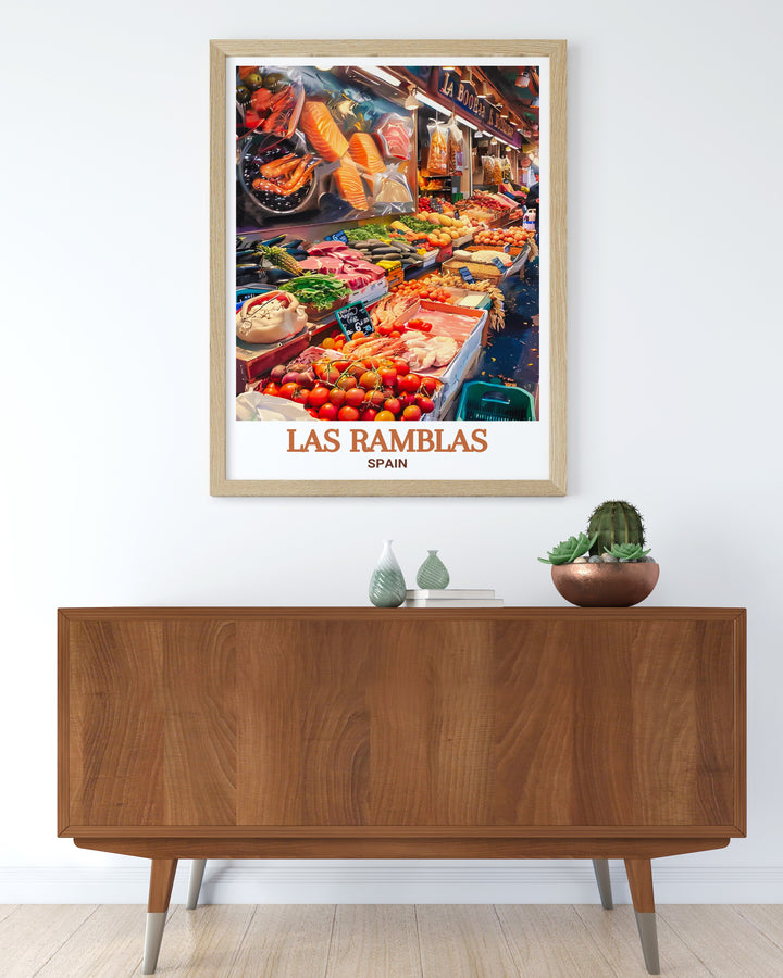 Explore the vibrant atmosphere of Las Ramblas in Barcelona with this detailed poster print, capturing the lively streets and unique charm of one of Spains most famous boulevards. Perfect for adding a touch of Spanish culture to your home decor.