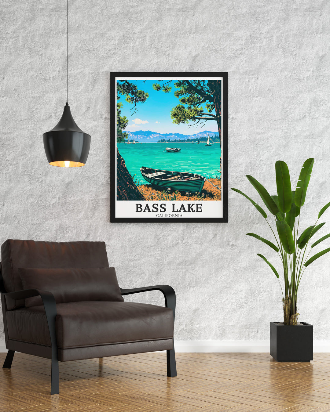 This framed print of Bass Lake California captures the peaceful scenery of Sierra Nevada Mountains and Sierra National Forest making it an ideal choice for those who appreciate the beauty of Yosemite California and Redwoods California.