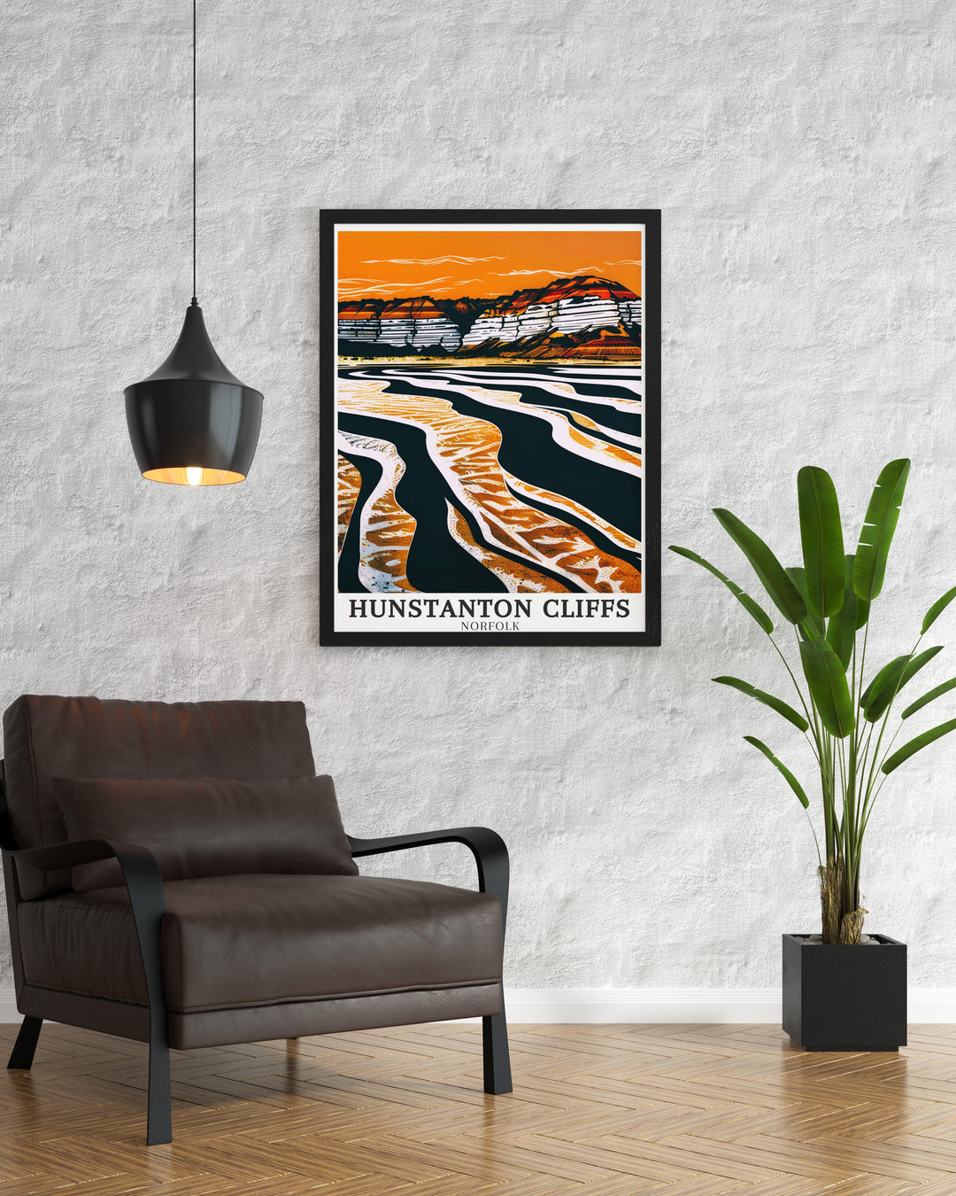 Hunstanton Cliffs wall art capturing the dramatic red and white striped cliffs of this English coastline. The vibrant colors and intricate details bring the beauty of Hunstanton into your living space, ideal for nature lovers and those who appreciate unique geological formations.