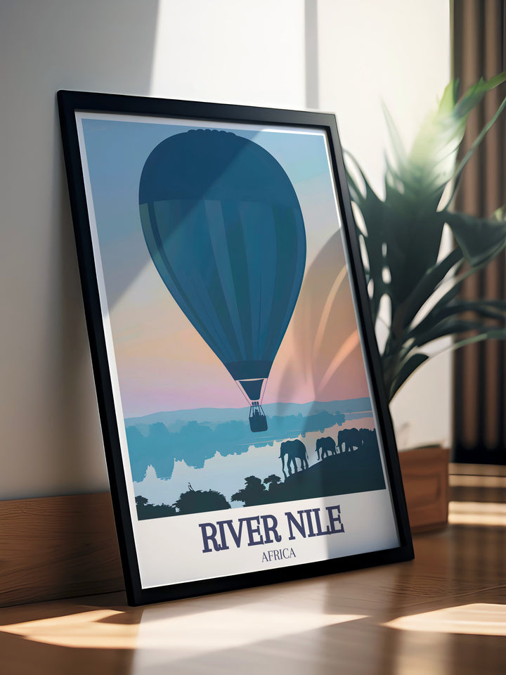 Showcasing the beauty of the White Nile from Jinja, this Nile River Art highlights the connection between the two branches of the worlds longest river. The print blends detailed illustrations of the rivers journey with rich history, making it a captivating art piece for anyone fascinated by ancient Egypt.