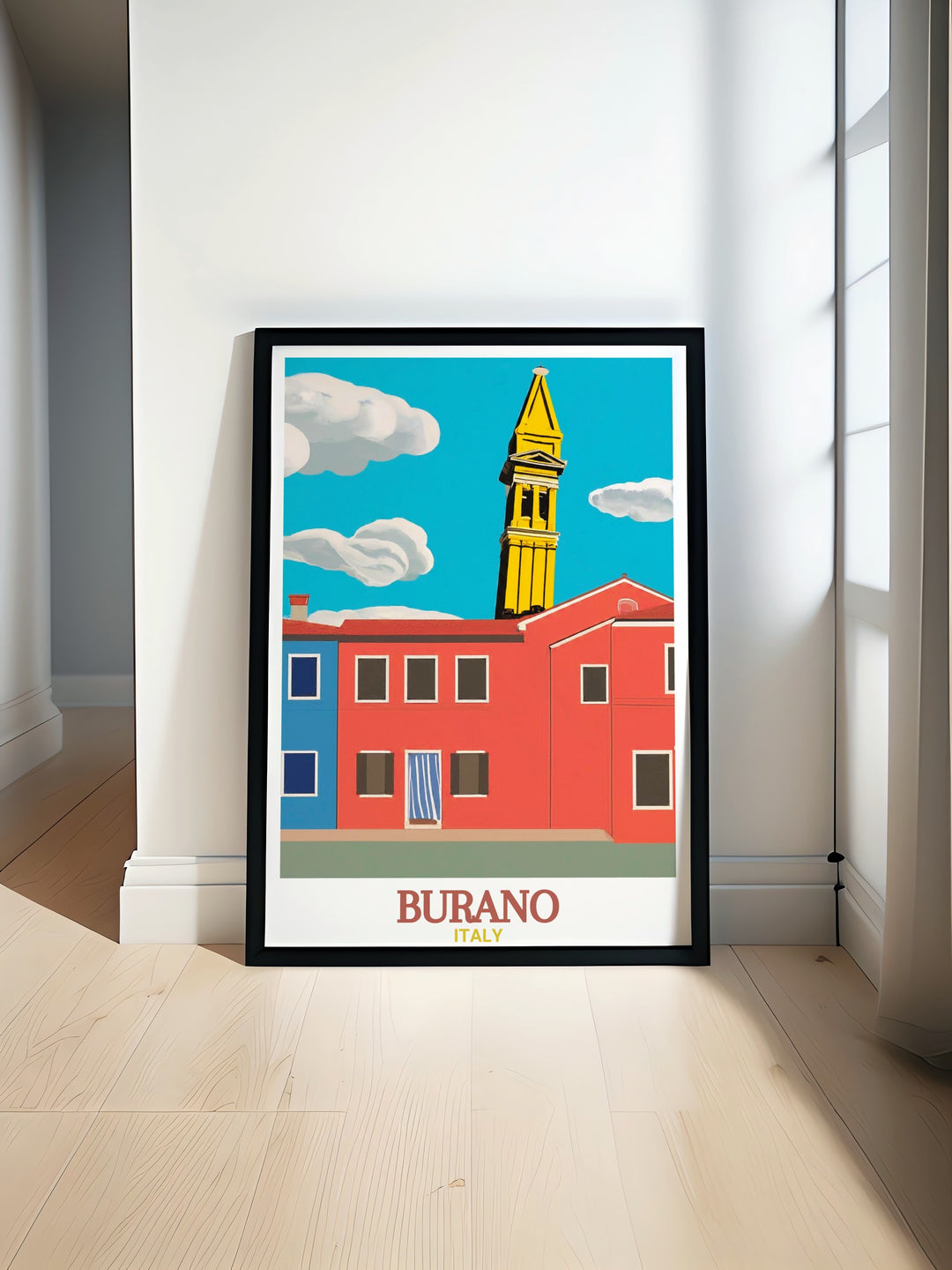 Burano Cityscape with vibrant colorful houses and the historic San Martino Church. This Burano Poster brings Italian charm to your home decor making it a stunning piece of wall art for any room.