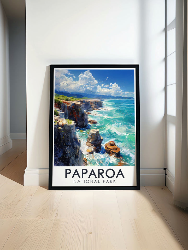 Beautiful National Park poster featuring Pancake Rocks and blowholes in New Zealand with stunning coastal scenery and lush greenery perfect for modern home decor