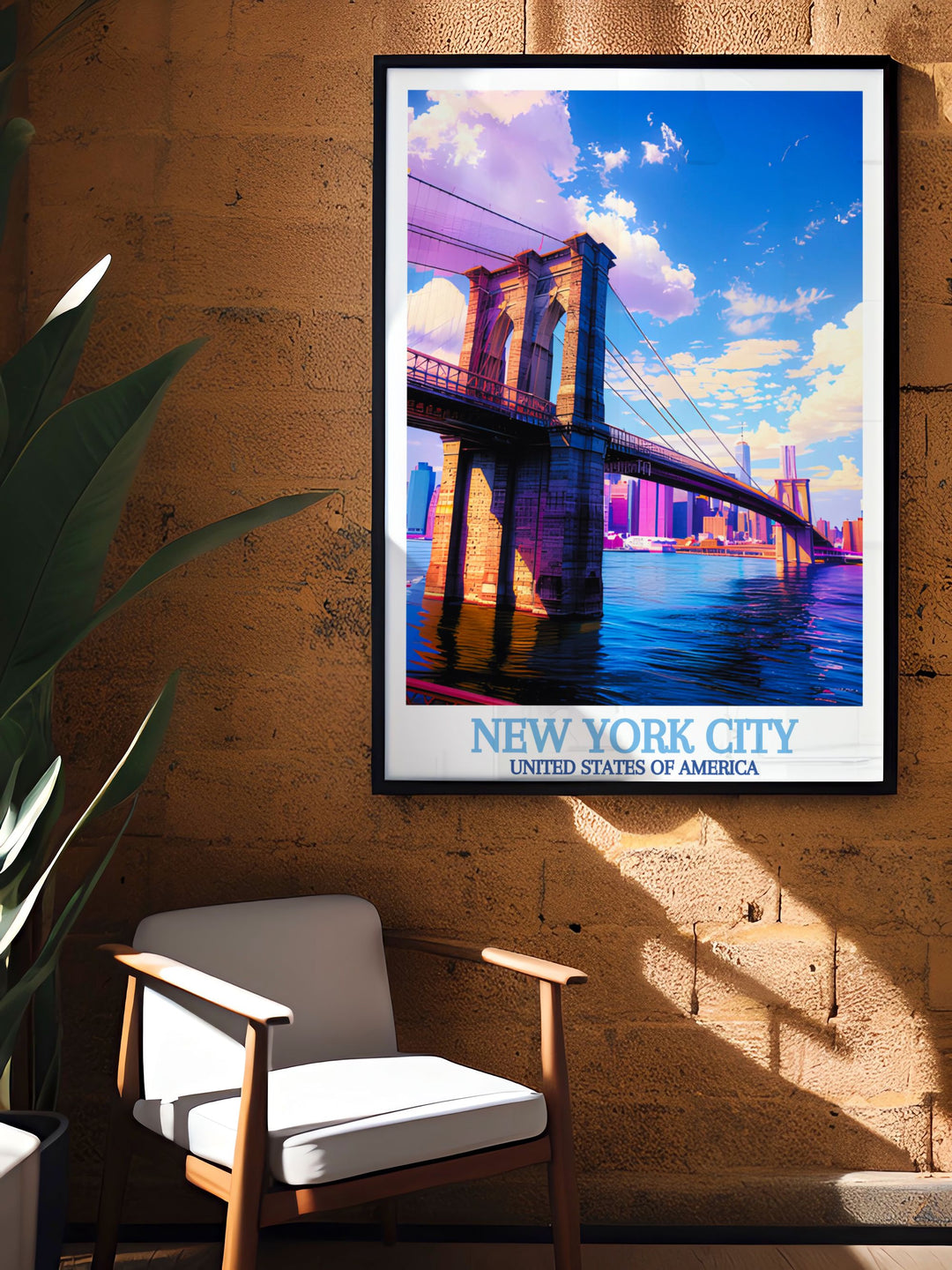 Brooklyn Bridge modern prints and New York watercolour skyline art making thoughtful gifts and stunning living room decor