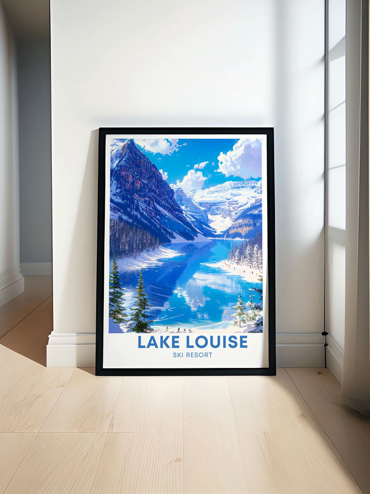 A travel poster of Lake Louise showcasing the pristine turquoise waters and snow capped mountains, capturing the serene and majestic scenery of this natural wonder in Banff National Park.