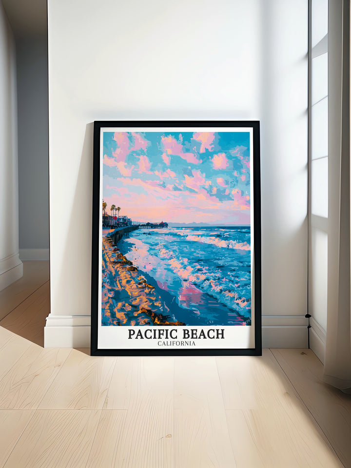 Celebrate Californias coastal beauty with this Pacific Beach travel print. Featuring Crystal Pier and the boardwalk, this artwork evokes the sunny days and relaxed vibe of San Diegos beloved beach destination.