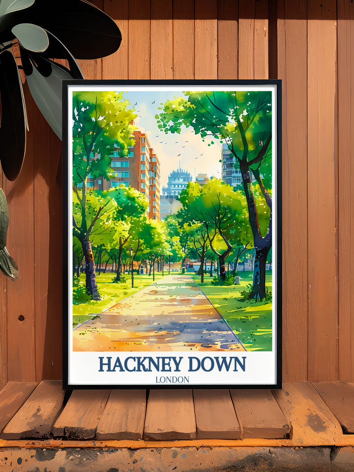 Highlighting the natural beauty and community spirit of Hackney Downs, this travel poster captures the vibrant landscapes and activities of the park, ideal for your home decor.