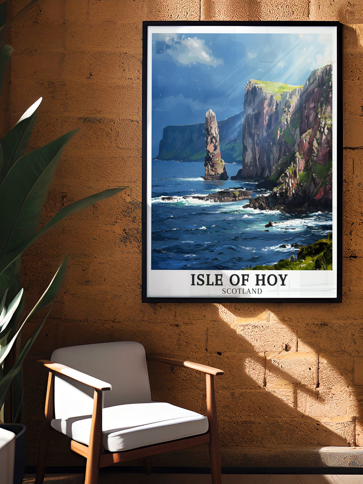 This Isle of Hoy poster print features the Old Man of Hoy, one of Scotlands most iconic sea stacks, rising from the Atlantic Ocean. Perfect for lovers of Scotlands wild landscapes, this travel poster captures the natural beauty of the Orkney Islands. The stunning cliffs of St Johns Head create a dramatic backdrop, making this artwork a great addition to any home decor.