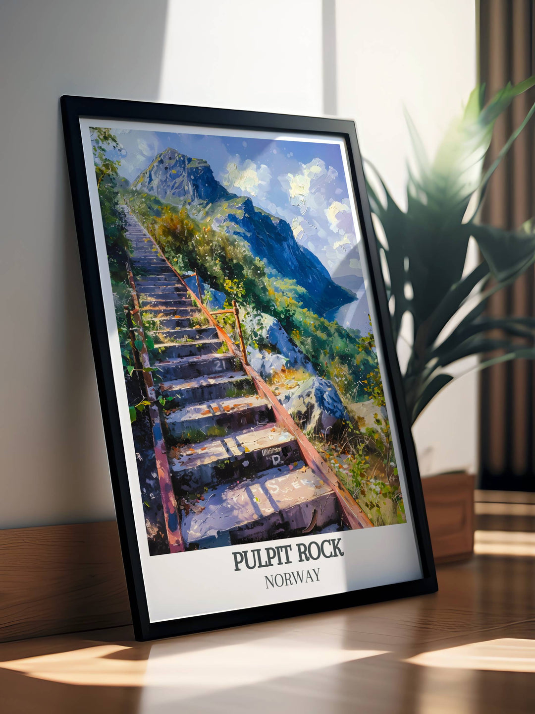 National park poster of Pulpit Rock Norway with Florlitrappene modern decor elements adding sophistication and scenic beauty to any wall in your home