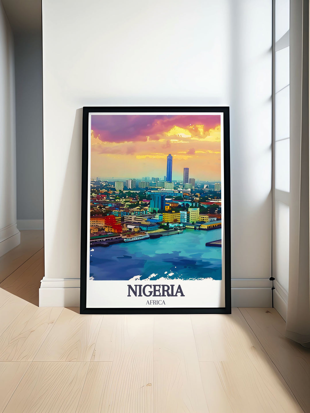 Experience the vibrant life of Lagos and Victoria Island with our Nigeria poster perfect for adding modern elegance to your living room or office decor ideal for travel enthusiasts and art collectors.