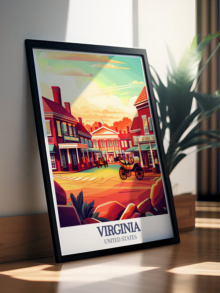 Beautiful Richmond Wall Art with a vintage poster style and Colonial Williamsburg Historic Triangle motifs, offering a timeless piece of decor for your living room, office, or as a personalized gift for special occasions.