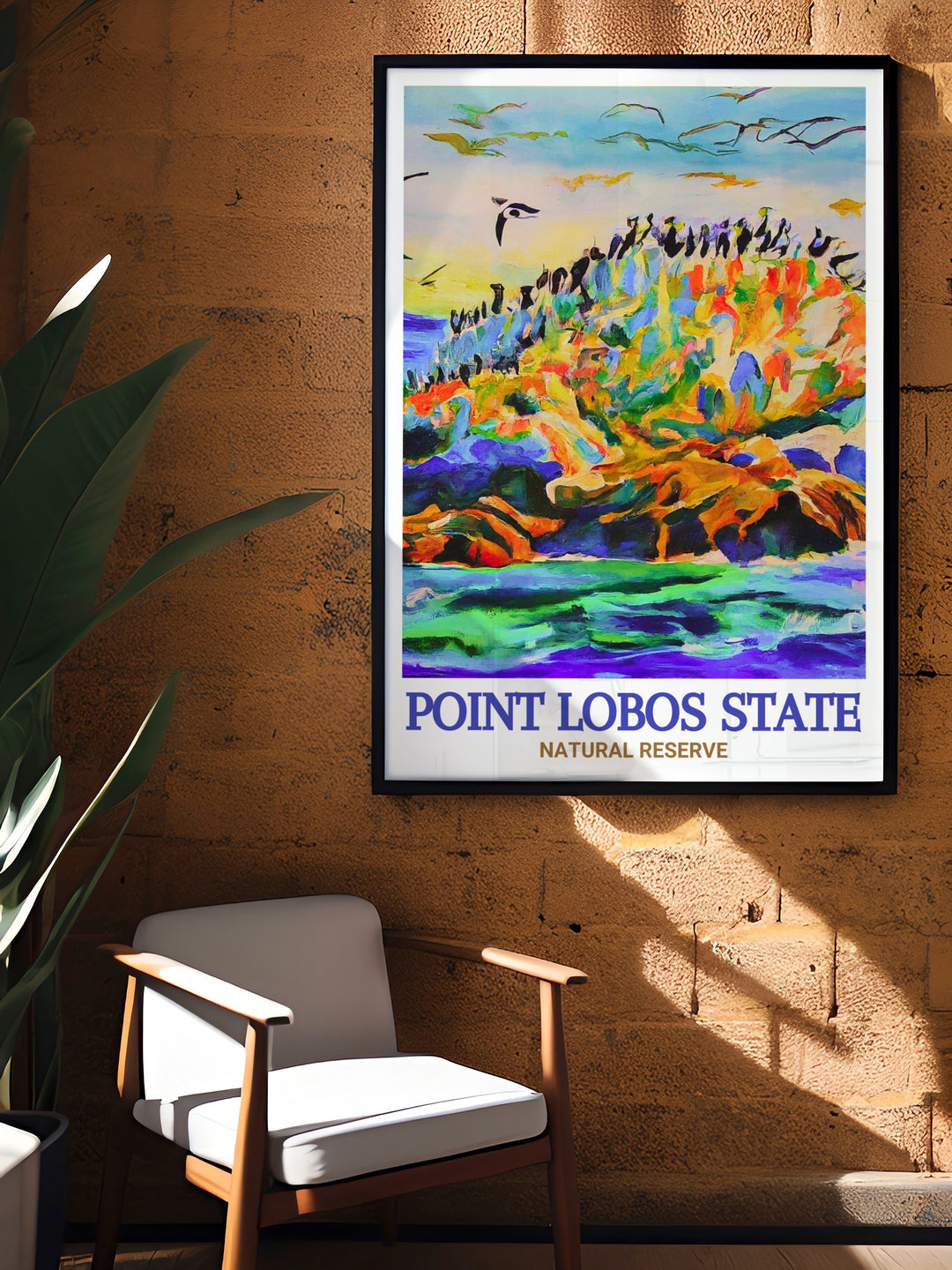 Bird Island travel poster, highlighting the impressive gatherings of seabirds and the stunning vistas of Point Lobos State Natural Reserve. This wall art is perfect for birdwatchers and nature enthusiasts, offering a glimpse into one of Californias most picturesque natural areas.