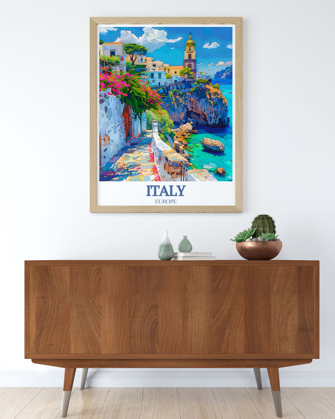 This captivating travel print features the iconic Campanile, highlighting its architectural elegance against a backdrop of breathtaking Italian scenery. The artwork serves as a wonderful reminder of the rich cultural heritage found throughout Italy.