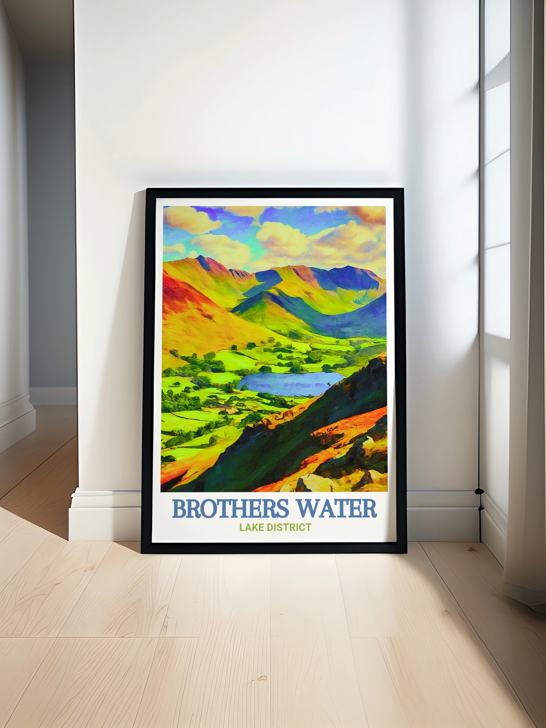 This Brothers Water poster print showcases the peaceful beauty of one of the Lake Districts hidden gems. Ideal for nature lovers and travelers, this travel print captures the lakes reflective waters and the surrounding hills, making it a perfect addition to your home décor.