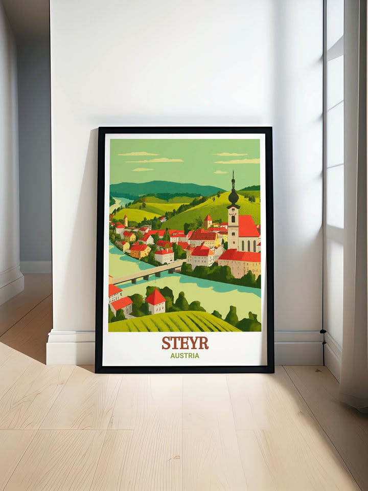 Stunning depiction of Steyrs Steyrdorf, this Austria poster captures the districts timeless architecture. Ideal for those who love Austrian culture and wish to showcase it as part of their wall art collection.