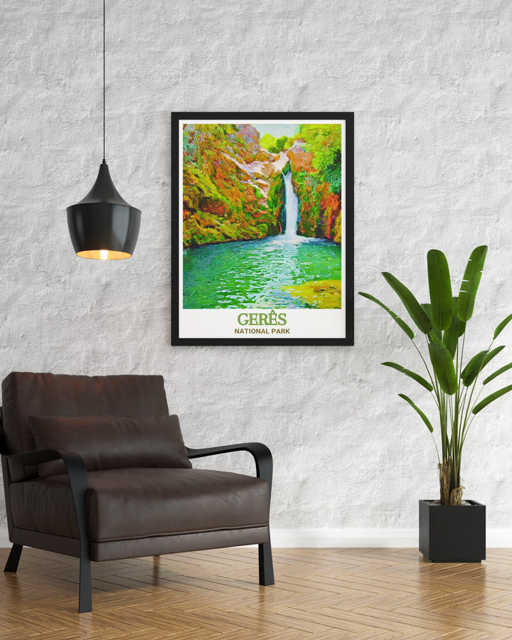 Geres National Park Arado Waterfall print offers an elegant home decor solution bringing the beauty of Portugals natural landscapes into your home ideal for those who appreciate the serenity and majesty of national parks and outdoor adventures