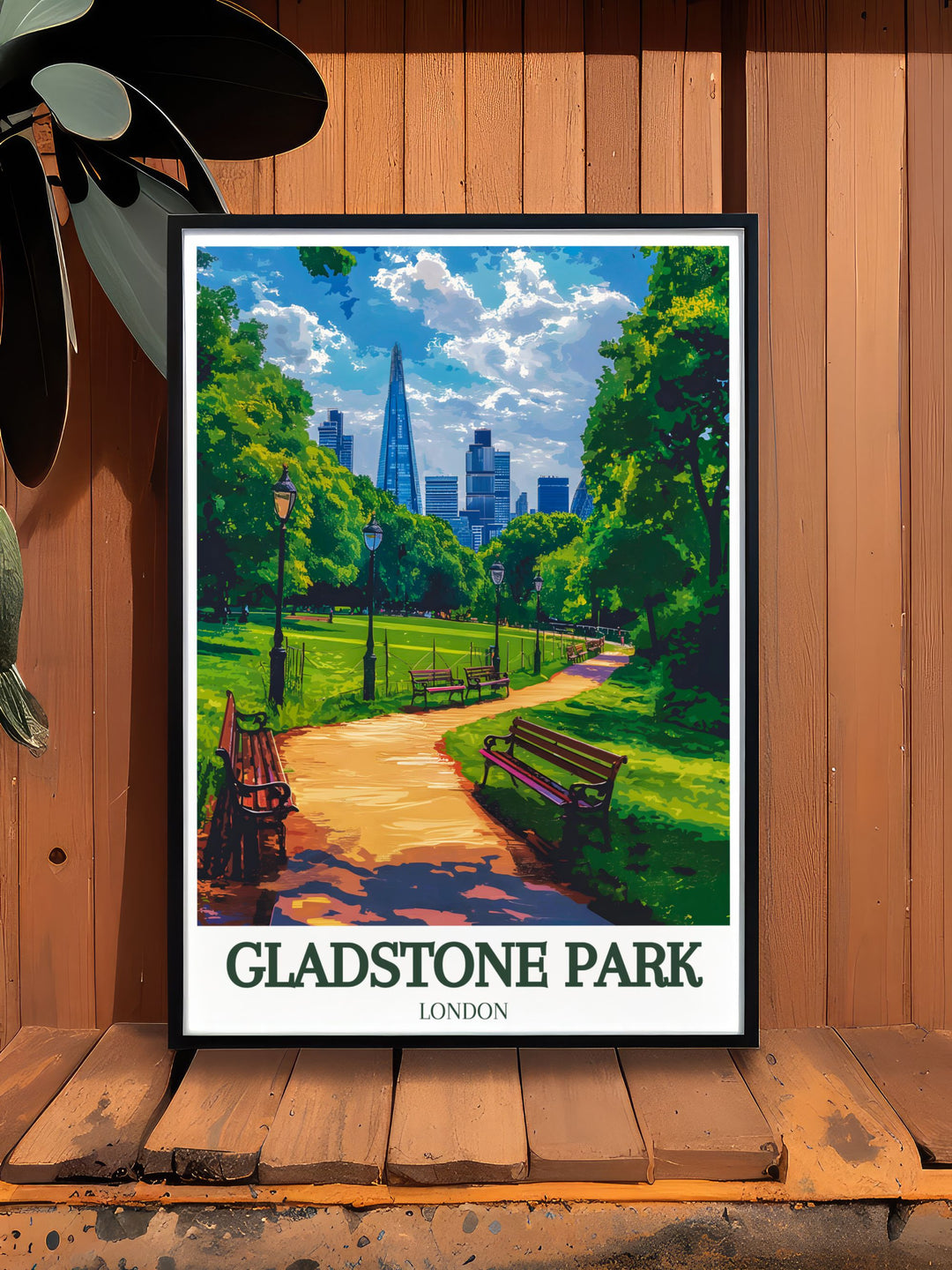 Framed art of Gladstone Park, emphasizing lush landscapes and serene atmosphere, perfect for those who love the natural beauty and historical significance of London parks.