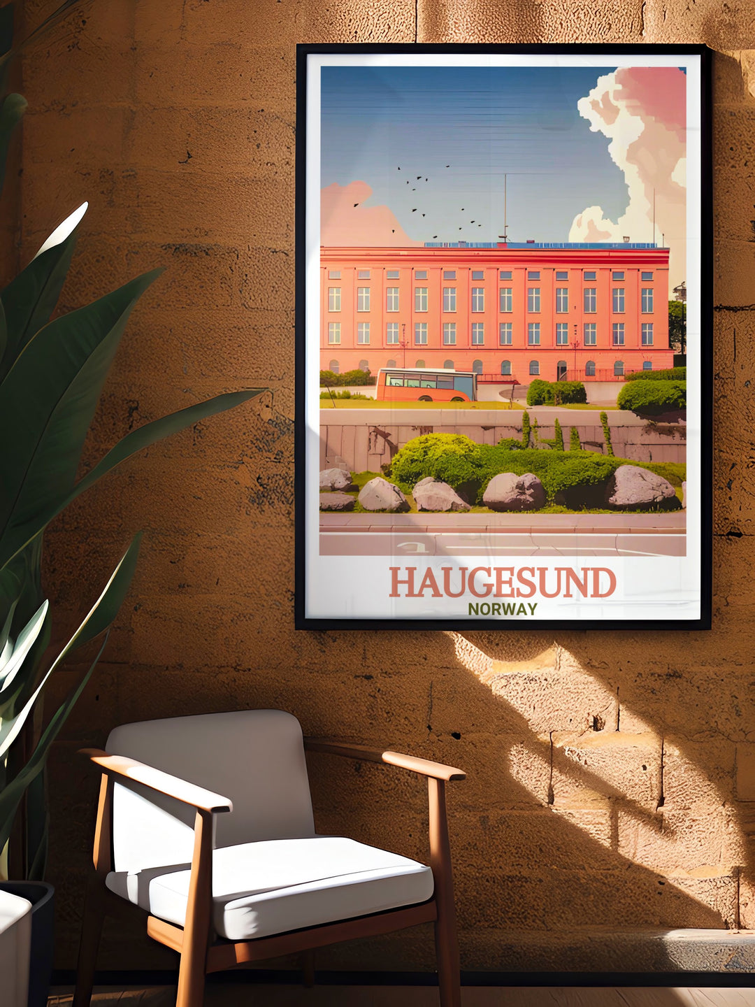 This Haugesund wall art print emphasizes the serene Norwegian coast and highlights Haraldshaugen, a key Viking monument, making it an ideal gift for lovers of Nordic landscapes and history.