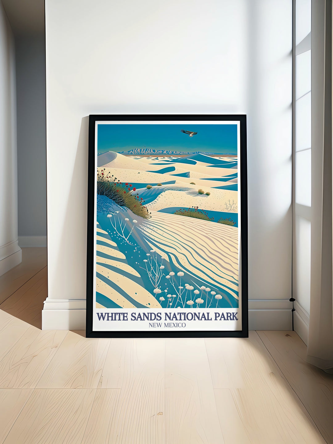 White Sands National Park art print featuring the stunning Sacramento Mountains and the vast Chihuahuan Desert perfect for enhancing home decor and bringing the serene beauty of nature into your living space ideal for travel enthusiasts and art lovers.