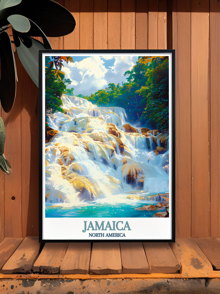 Featuring the stunning Dunns River Falls, this art print brings the dynamic and refreshing waters of Jamaica into your living space.