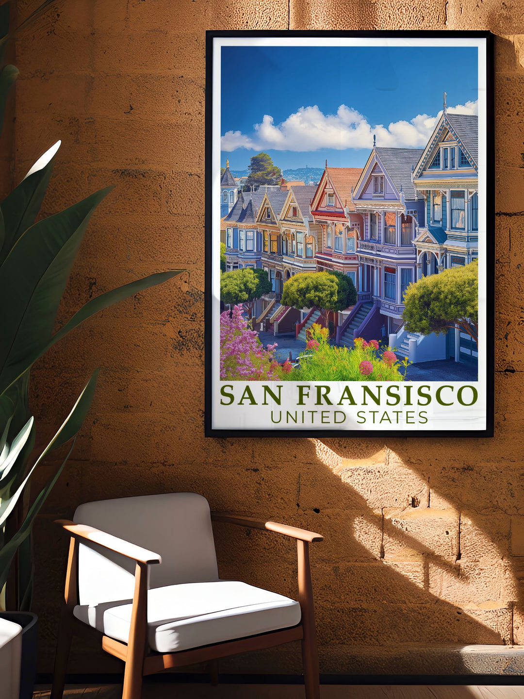 Modern art print of the Golden Gate Bridge and The Painted Ladies adds a touch of elegance and sophistication to any room ideal for stunning living room decor