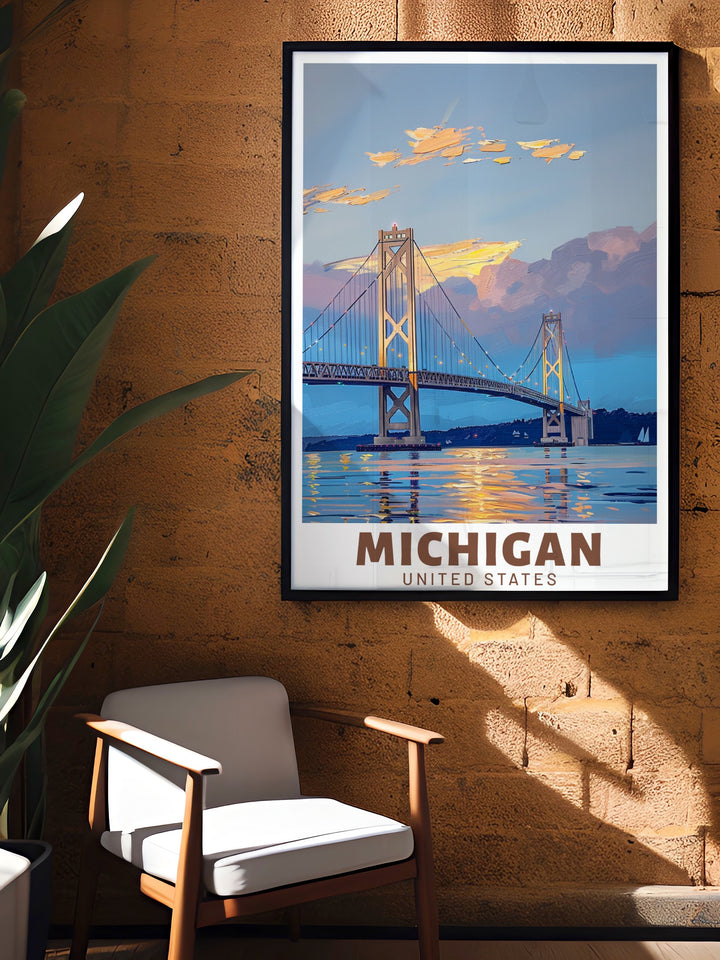 Celebrate Michigans beauty with this Mackinac Bridge art print. Featuring Leelanaus rolling hills and the famous bridge, this vintage inspired travel poster brings a splash of color to any room. A must have for anyone looking to showcase their love for Michigans iconic landmarks.