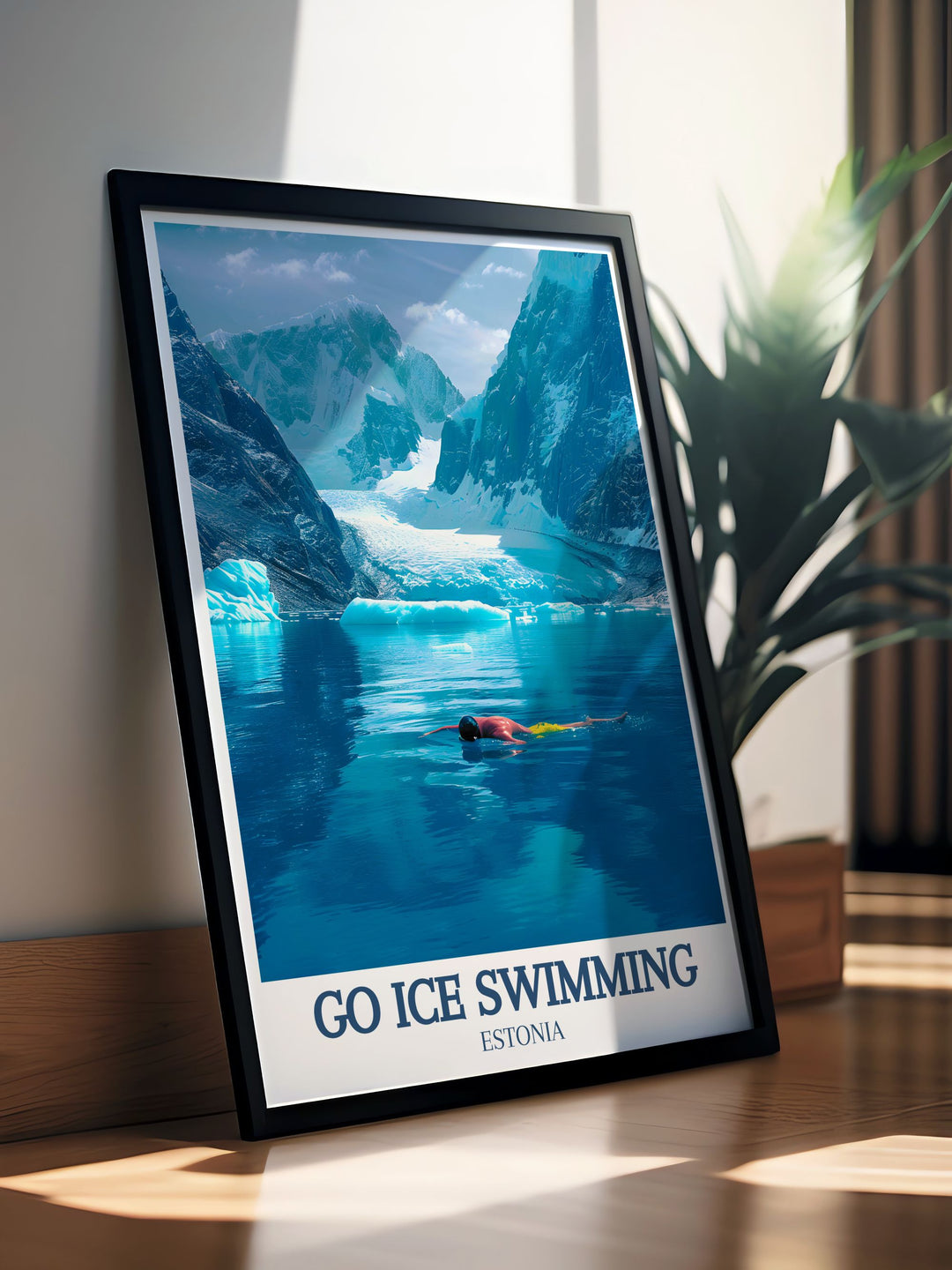 This Go Swimming Poster Print captures the adventurous spirit of cold water swimming in Antarctica. Dive into the challenge of ice swimming at the Ross Ice Shelf with this stunning vintage travel print, perfect for adventurers who embrace wild swimming and extreme sports.