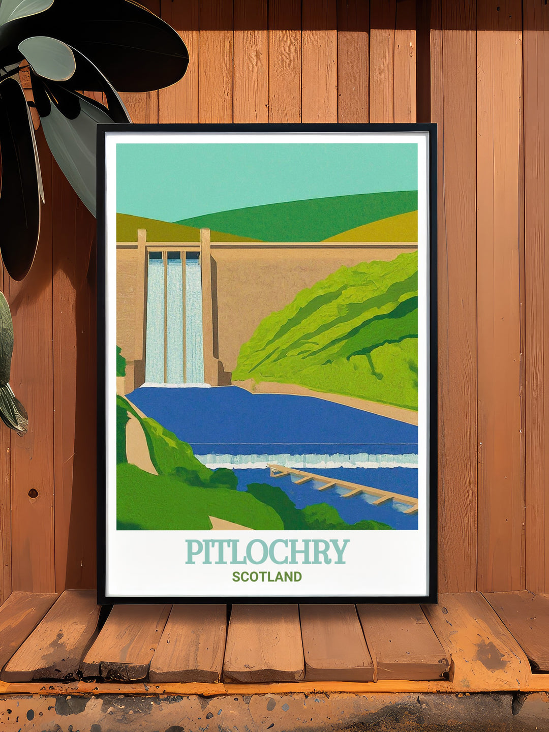 Scotland travel poster featuring the Pitlochry Dam and Fish Ladder, a unique attraction in the heart of the Scottish Highlands. This vintage style wall poster is perfect for those who admire Scotlands rich cultural heritage and breathtaking landscapes, making it an excellent choice for your home.