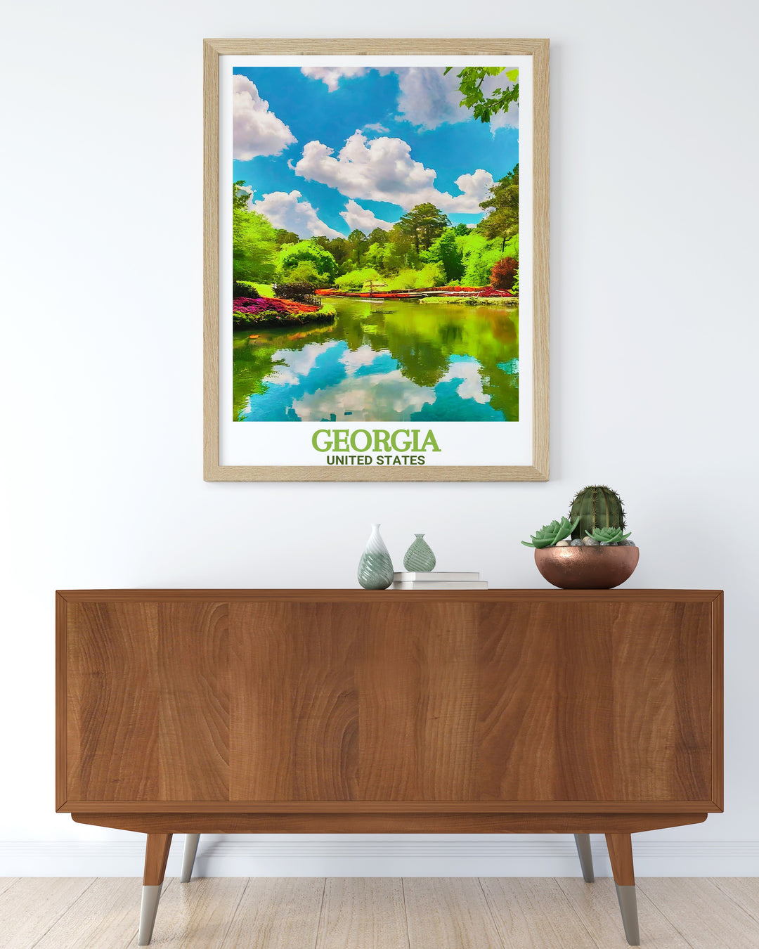 Atlanta poster featuring the iconic skyline with the serene beauty of Callaway Gardens. This Georgia art print is the perfect combination of urban and natural landscapes, making it ideal for home decor or a unique travel inspired gift.