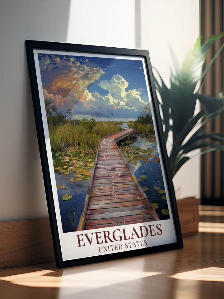 National Park Print featuring the serene landscapes of the Everglades. This artwork brings the natural beauty of Floridas National Park into your home. Ideal for wall art enthusiasts. Highlights the unique charm of Anhinga Trail
