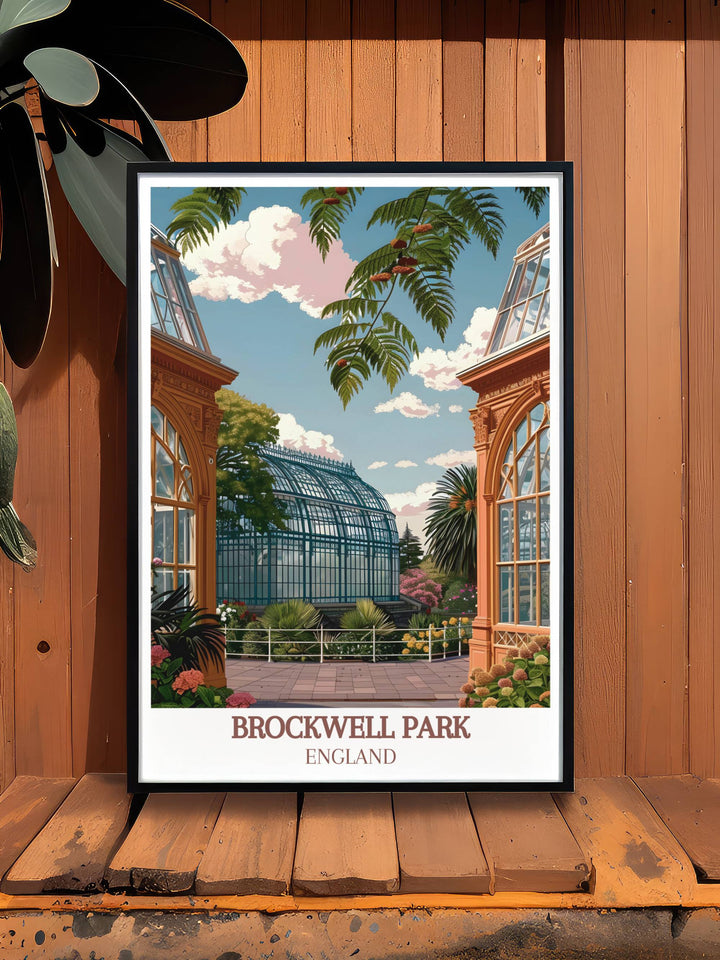 Summer scene at Brockwell Park Greenhouses with visitors enjoying the lush surroundings, captured in vibrant wall decor