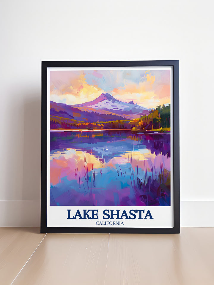 A detailed poster print of Lake Shasta, California, showcasing the crystal clear waters surrounded by the Shasta Cascade mountain range. This beautiful artwork is perfect for nature lovers and adventure enthusiasts looking to bring the scenic beauty of Shasta Lake into their home decor.