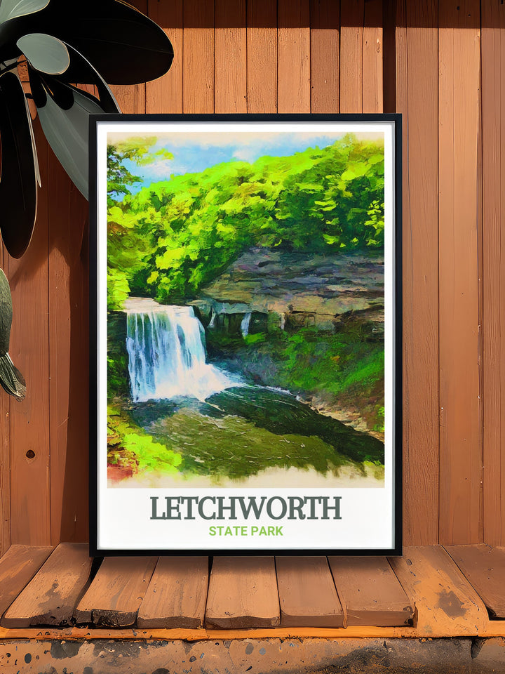 Scenic Middle Falls poster from Letchworth State Park, highlighting the captivating blend of cascading waters and verdant landscape. This exquisite artwork brings the dramatic beauty of Middle Falls into your living space, ideal for nature lovers and adventurers.