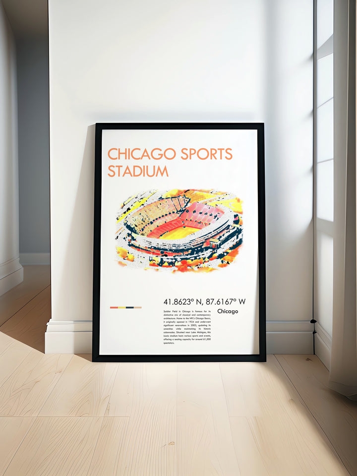 Soldier Field art print capturing the essence of Chicago's historic NFL stadium. Perfect for Bears fans and Chicago sports enthusiasts. This Chicago stadium art print is ideal for adding a touch of sports history to your home or office decor